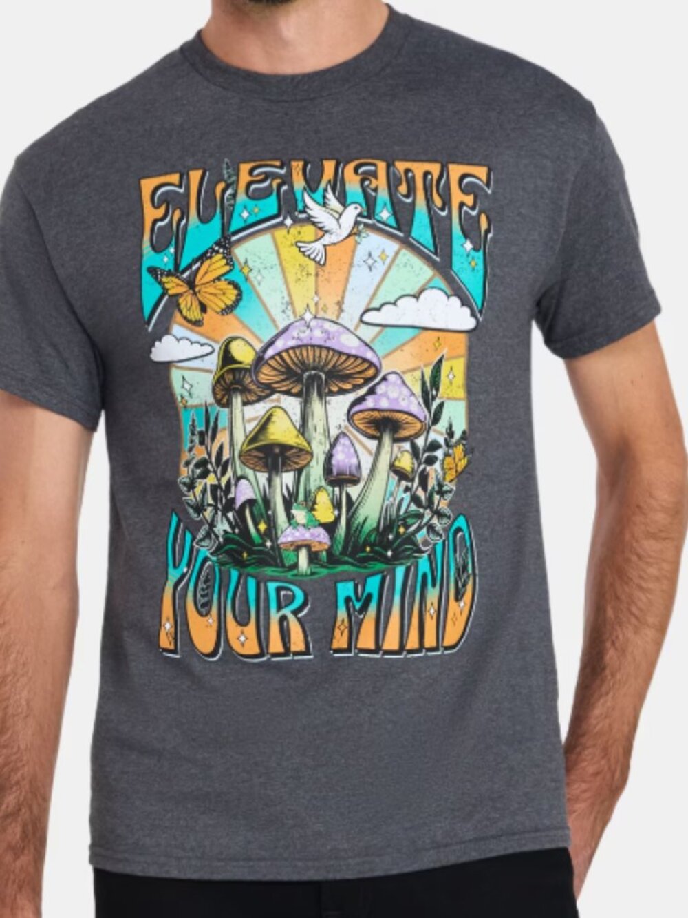 NEW Humor Men's Elevate Your Mind Mushroom Graphic Small Gray T-Shirt